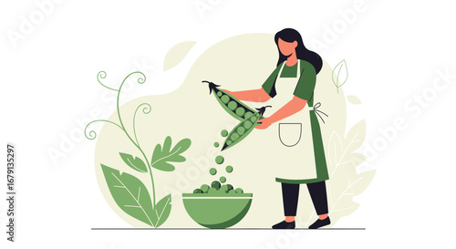 Woman Harvesting Fresh Peas Into A Bowl In A Simplified Style Illustration