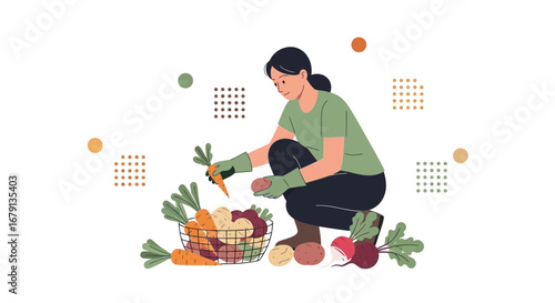 Woman Harvesting Fresh Vegetables From Her Garden On A White Background