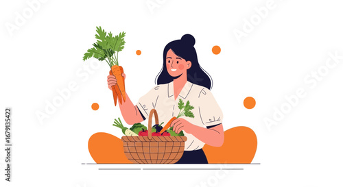 Woman Harvesting Fresh Vegetables From Basket, Conceptual Illustration Of Farmer's Goods
