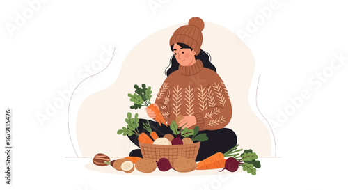 Woman Harvesting Fresh Vegetables From Her Garden Preparing For Delicious Healthy Meals