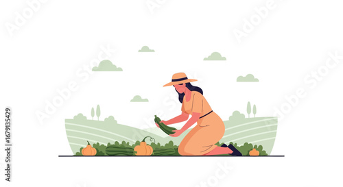 Woman Harvesting Fresh Vegetables in a Sunny Garden with Pumpkins and Zucchinis