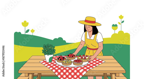 Woman Preparing a Picnic with Fruit Tarts and Decorated Table in Summertime Outdoors Scene