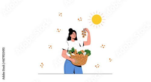 Woman Harvesting Fresh Vegetables Under Sunny Skies Depicting Healthy Eating and Lifestyle