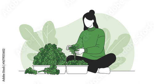 Woman Harvesting Green Kale From Container Garden In Minimalist Green Illustration