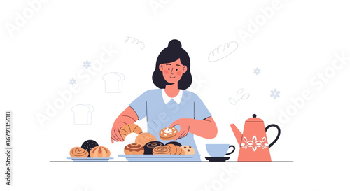 Woman Preparing Breakfast With Baked Goods And Tea, Morning Meal Concept Illustration