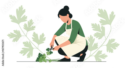 Woman Harvesting Herbs in a Garden with a Minimalist Style Illustration