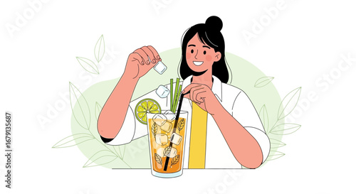 Woman Preparing Citrus Beverage In A Tall Glass Refreshing Drink Vector Illustration