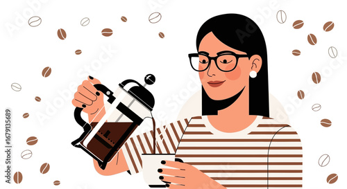Woman Preparing Coffee, Simple Illustration With Beans in Soft Color Tones No Text