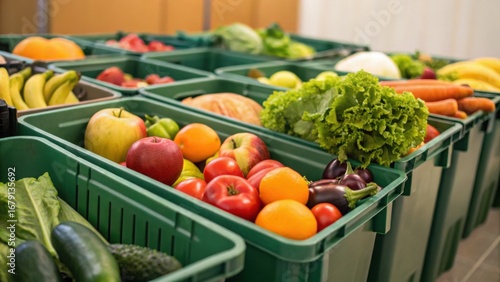 Fototapeta Naklejka Na Ścianę i Meble -  A vibrant assortment of fresh fruits and vegetables organized in green bins, showcasing a variety of produce for healthy eating.