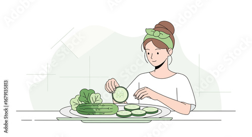 Woman preparing cucumber slices creating healthy food illustration in vector design