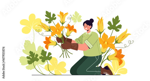 Woman Harvesting Squash Blossoms Amidst Foliage in a Bright, Modern Illustration
