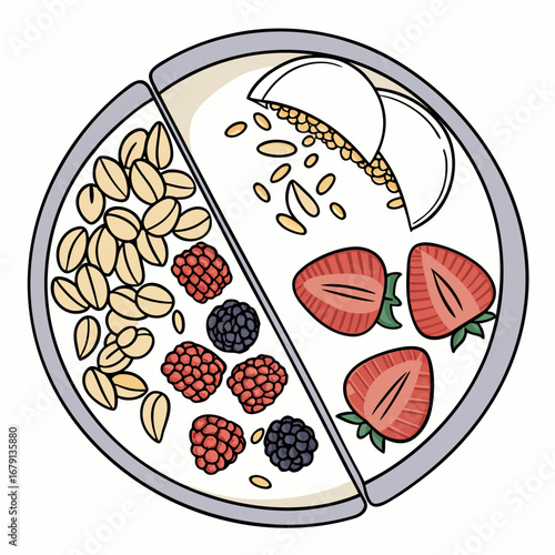 A healthy and delicious breakfast bowl divided into sections featuring oats berries and sliced strawberries
