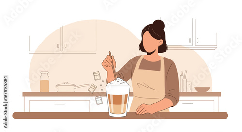 Woman Preparing Delicious Coffee Latte In Kitchen With An Artistic and Simple Illustration