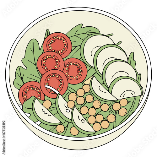 A healthy and vibrant salad in a bowl with fresh tomatoes cucumber slices chickpeas and leafy greens