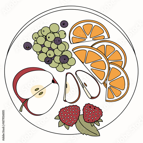 A vibrant illustration of a circular plate filled with a colorful assortment of fresh fruits and berries