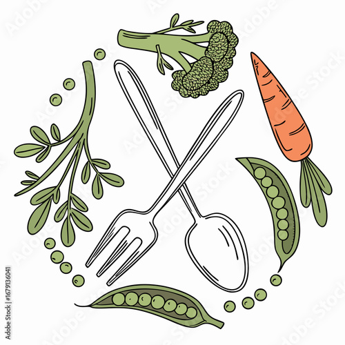 A whimsical illustration of fresh vegetables including broccoli carrots peas and greens arranged with cutlery in a circular pattern