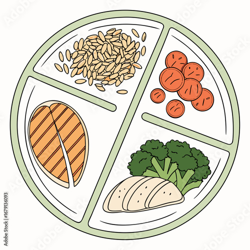 Balanced meal plate with grilled salmon chicken breast broccoli carrots and grains for healthy eating