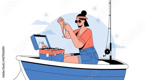 Woman Preparing Fishing Gear on a Boat, Enjoying Leisure Time on the Water