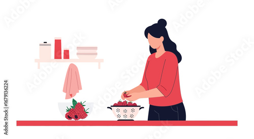 Woman Preparing Fresh Berries For Dessert In Bright Kitchen, Cooking Illustration