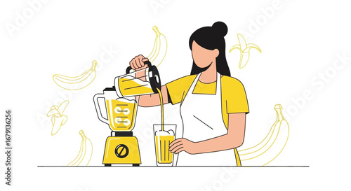 Woman Preparing Fresh Banana Smoothie, Pouring Beverage Into Glass, Healthy Eating Concept