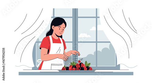 Woman Preparing Fresh Berries on Plate Near Window for Tasty Meal