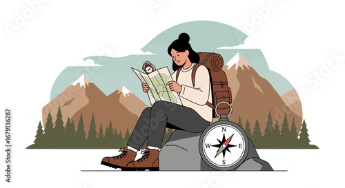 Woman hiker with map and compass exploring the nature and reading a map during a travel time