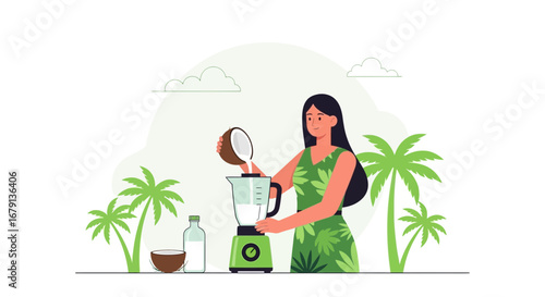 Woman Preparing Fresh Coconut Smoothie Illustration with Palm Trees and Blender