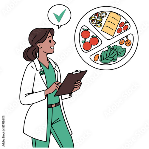 Doctor reviewing a balanced meal plan on a plate with a checkmark indicating approval for healthy eating