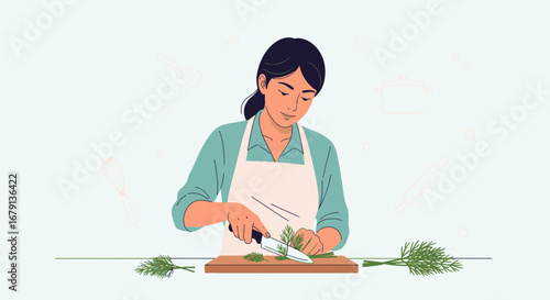 Woman Preparing Fresh Dill, Knife Chopping Herbs, Kitchen Scene, Cooking Illustration