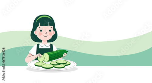 Woman Preparing Fresh Cucumber Slices for Mealtime in Vector Illustration Style