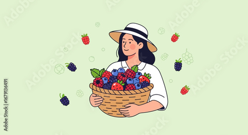 Woman Holding a Basket of Fresh Berries, Showing a Delightful Harvest Scene