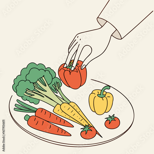 Hand reaching for fresh vegetables on a plate including broccoli carrots bell peppers and tomatoes