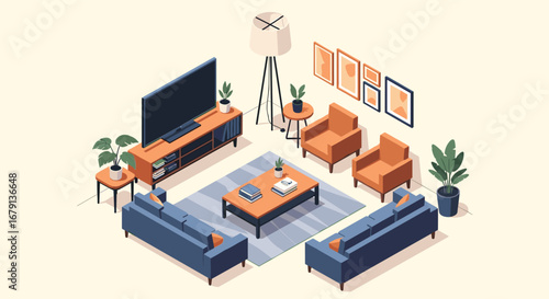 A cozy mid century modern living room arrangement with blue sofas and orange armchairs for relaxing and entertainment