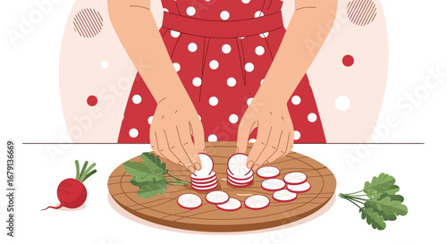 Woman Preparing Fresh Radishes On Wooden Surface For Culinary Creation