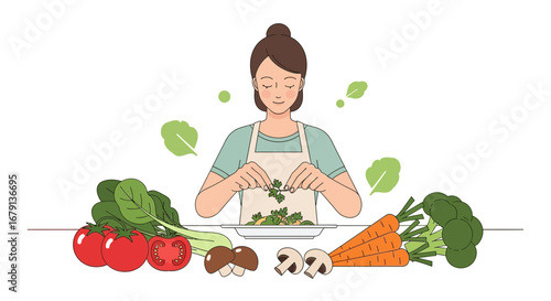 Woman Preparing Fresh Salad with Diverse Vegetables for a Healthy Meal