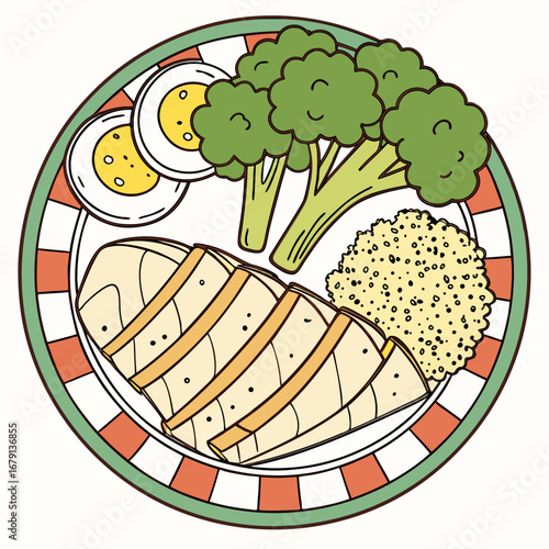 Healthy balanced meal plate featuring sliced chicken breast broccoli quinoa and hard boiled eggs