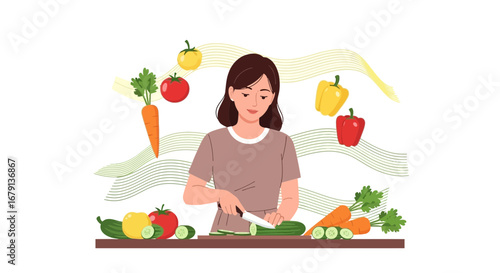Woman Preparing Fresh Vegetables In Modern Kitchen, Illustrated Healthy Eating Scene