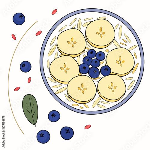 Healthy breakfast bowl of oatmeal topped with sliced bananas and fresh blueberries with goji berries scattered around