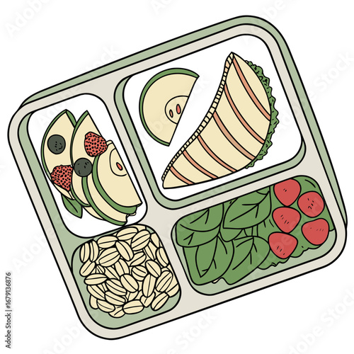 Healthy bento box lunch with sandwich fruit oatmeal and salad for school or work