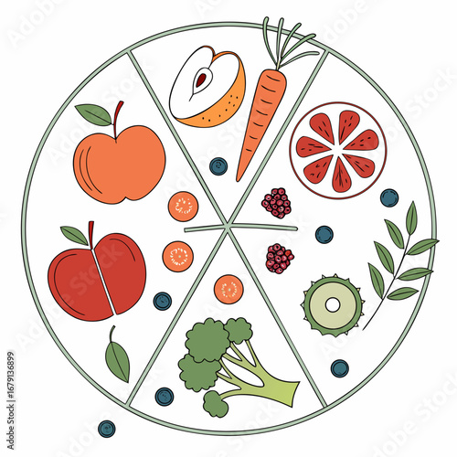 Healthy eating food group chart with colorful fruits vegetables and berries arranged in a circular segmented diagram