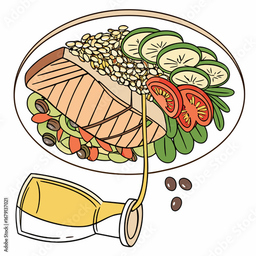 Healthy salmon dish with grains and fresh vegetables being drizzled with dressing from a bottle