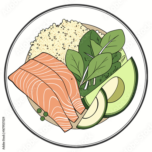 Healthy salmon avocado quinoa and spinach bowl presented in a clean artistic illustration style