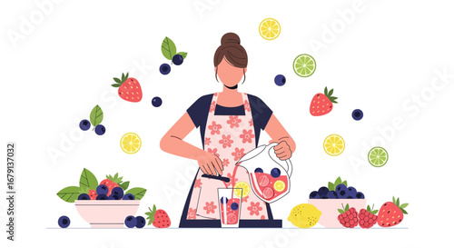 Woman Preparing Fruit Infused Beverage With Berries And Citrus For Refreshment