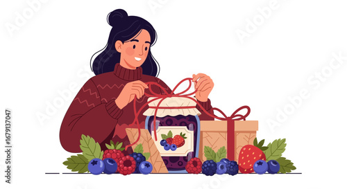 Woman Preparing Gift With Berry Jam, Concept Of Homemade Food And Organic Products