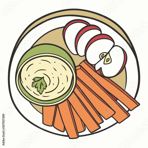 Healthy snack of apple slices and carrot sticks served with a creamy dip in a bowl on a plate