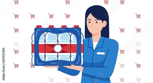 Woman Holding Bottles of Water and Shopping Carts in a Supermarket Illustration