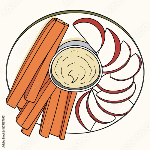 Healthy snack platter with sliced apples and carrot sticks served with a creamy dip