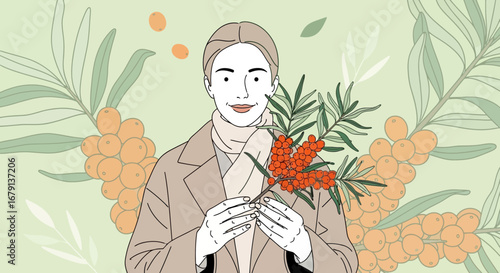 Woman Holding Branch Of Sea Buckthorn Berries, Botanical Illustration, Digital Art, Portrait
