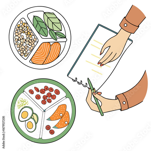 Person writing in notebook next to healthy balanced meals with salmon eggs and vegetables