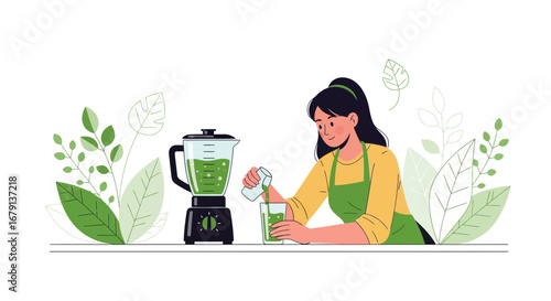 Woman Preparing Healthy Green Smoothie With Blender And Fresh Ingredients For Wellness